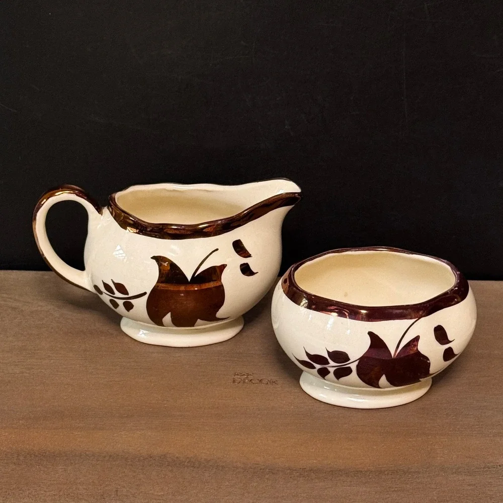 Lancaster Sandland England Copper Luster Cream and Sugar Set Leaf Design Vintage